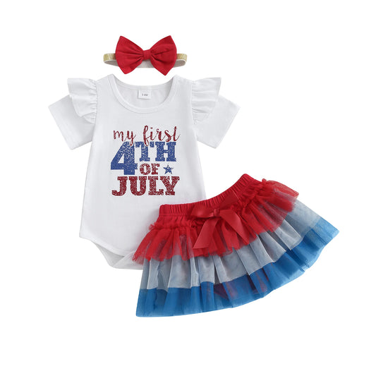 Toddler Girls Patriotic American Flag Romper Dress Set - Ky Ky Kiwi