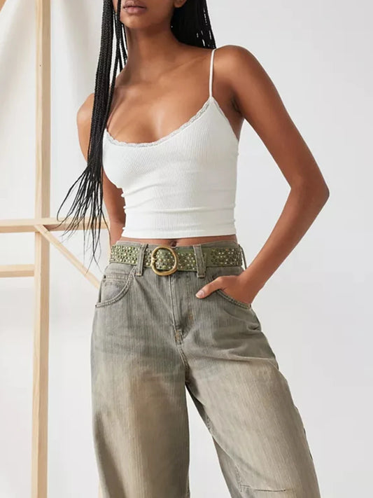 Women’s Lace Trim Spaghetti Strap Crop Top for Summer Style - Ky Ky Kiwi