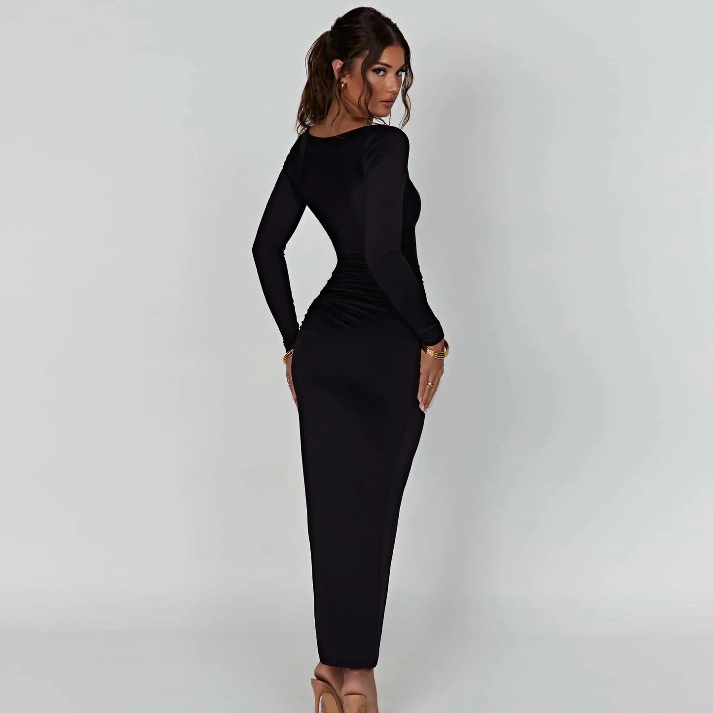 Fall Hot Maxi Dresses Long Sleeve Square Neck High Split Dress Sexy Drawstring Women's Party Evening Dresses for women clothes