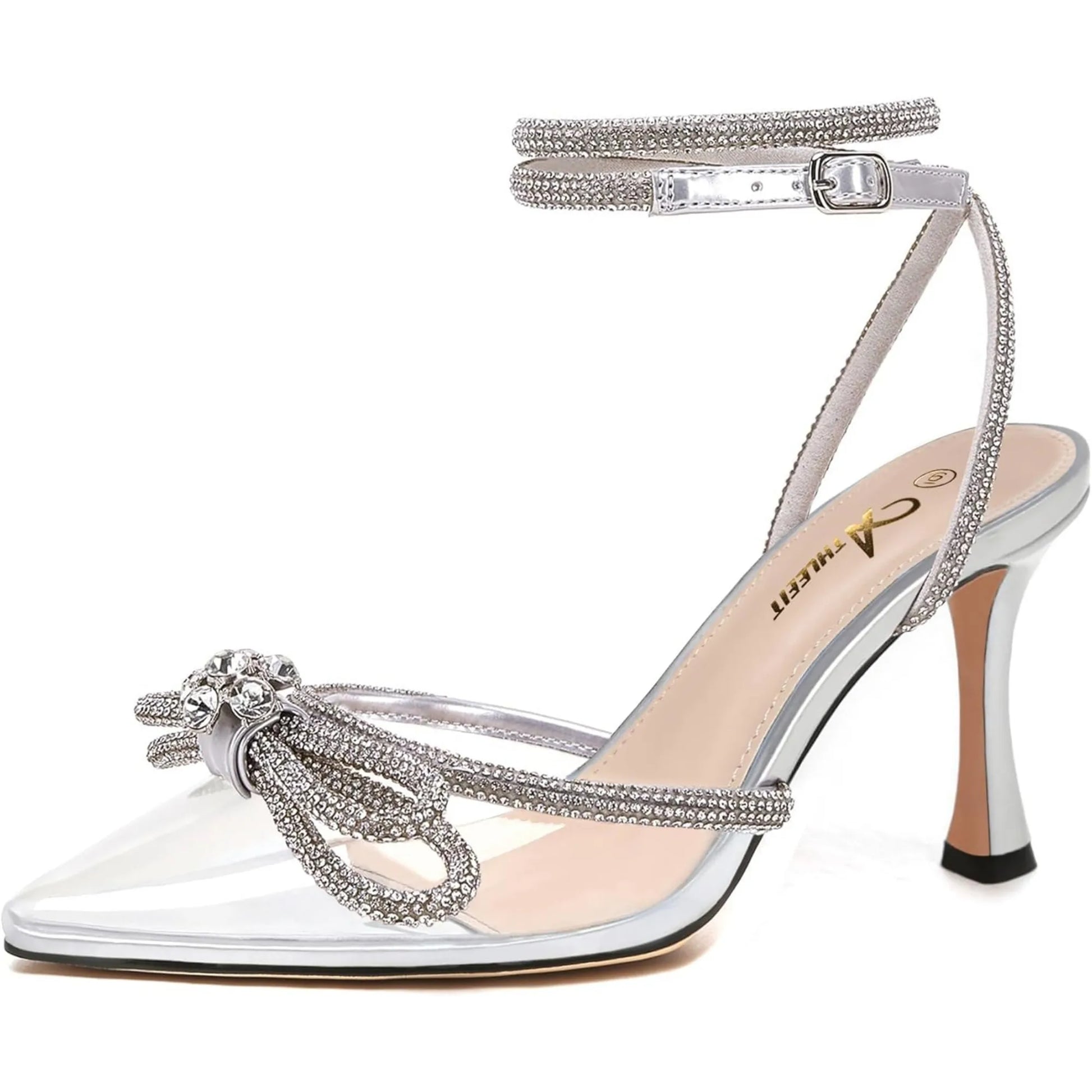 Women's Rhinestone Bow Ankle Strap Stiletto Heels for Weddings - Ky Ky Kiwi