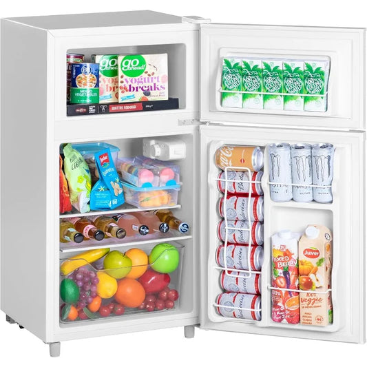 Double Door Refrigerator with Freezer, 3.5 Cu.Ft, Small Fridge with Freezer,7 Settings Temperature Adjustable, Mini Refrigerator
