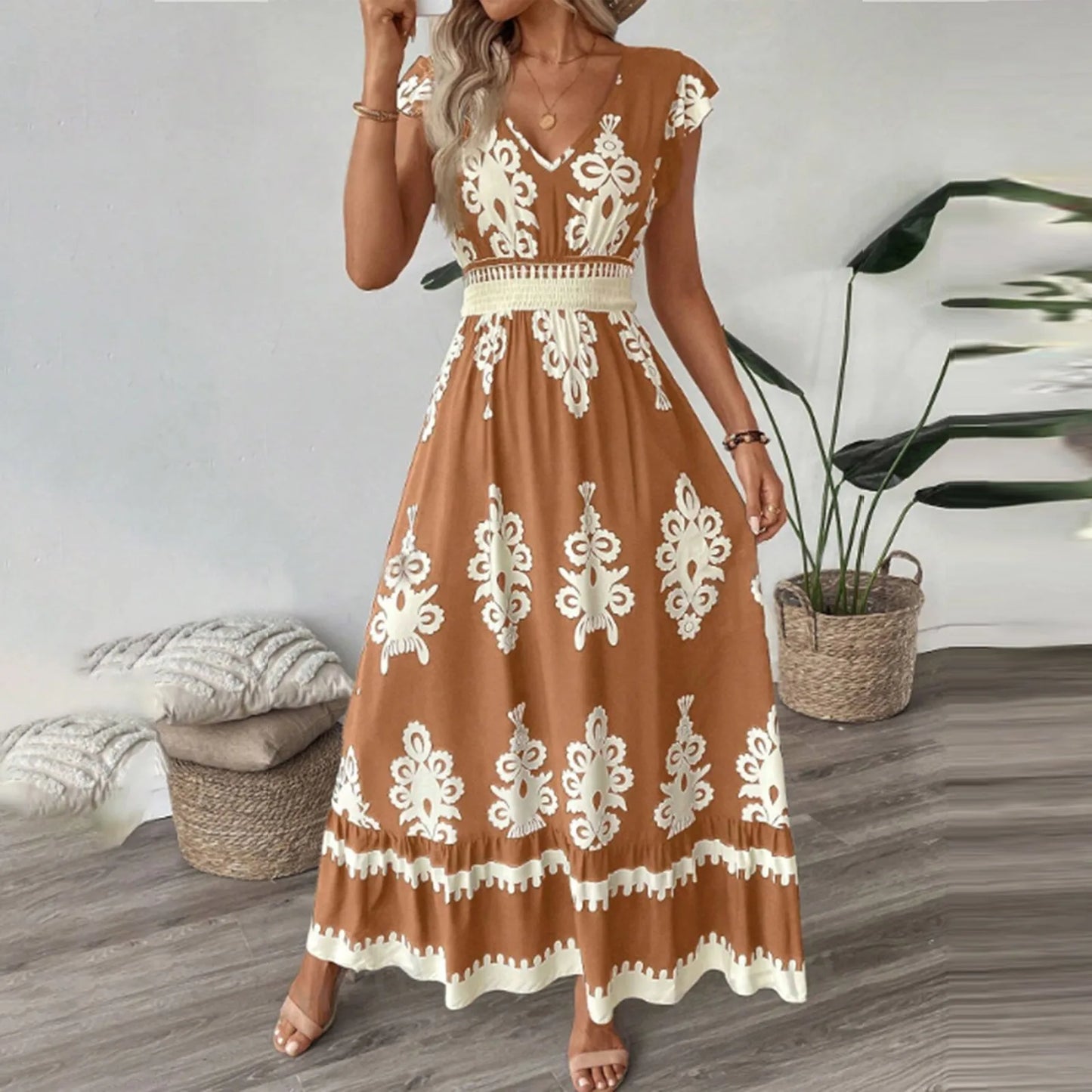Fashion Sleeveless Maxi Boho Dress Women 2025 Summer Print Waist Bohemian Elegant Short Sleeve Dresses For Women Robe Femme