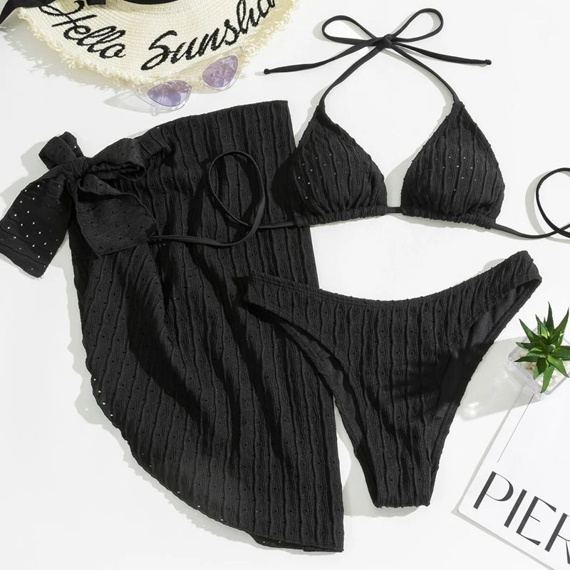 Women Swimwear Set European and American Solid Color Open Back Tie Sexy Bikini Mesh Skirt Three-Pieces Set - Ky Ky Kiwi