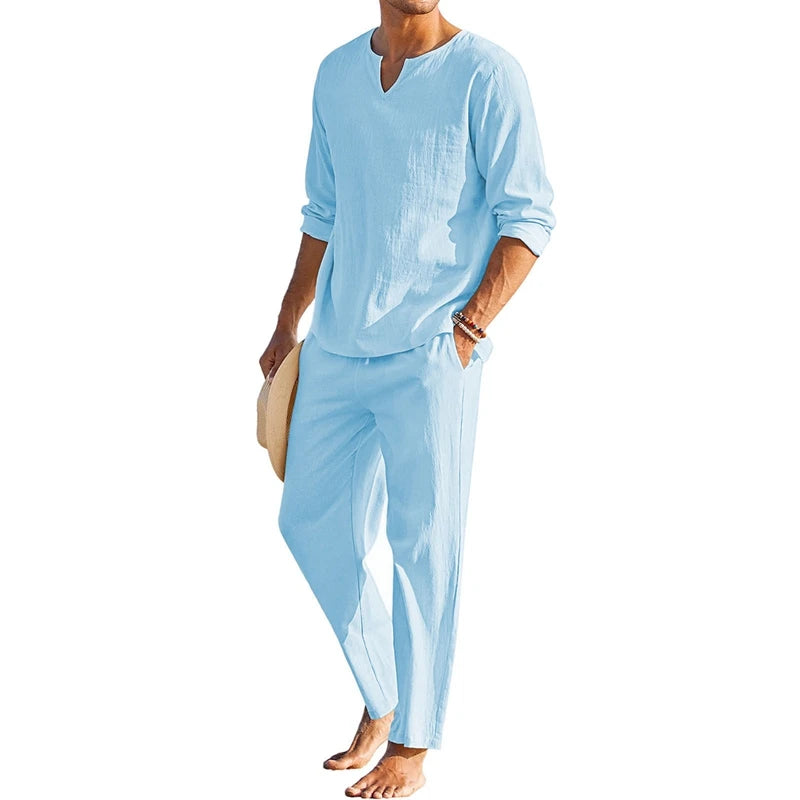 Men's Summer Cotton Linen Henley Shirt and Drawstring Pants Set - Ky Ky Kiwi