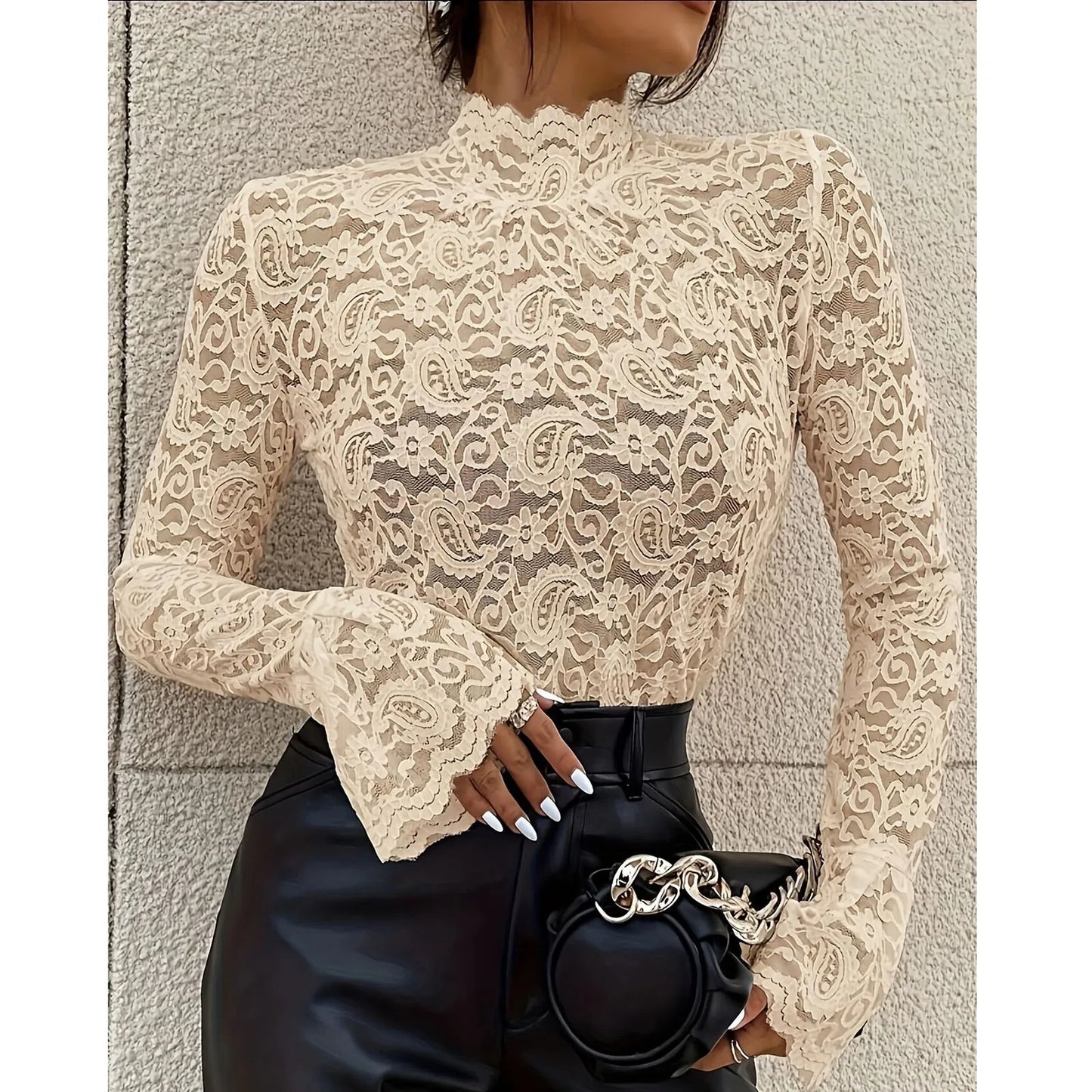 Elegant Flower Lace Turtleneck Blouse for Women Office Wear - Ky Ky Kiwi