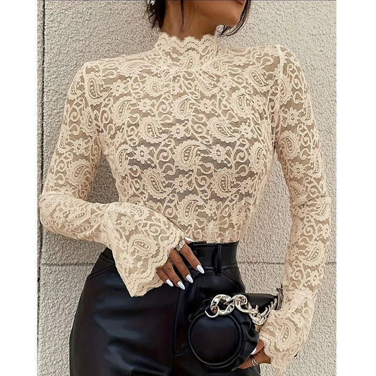 Elegant Flower Lace Turtleneck Blouse for Women Office Wear - Ky Ky Kiwi