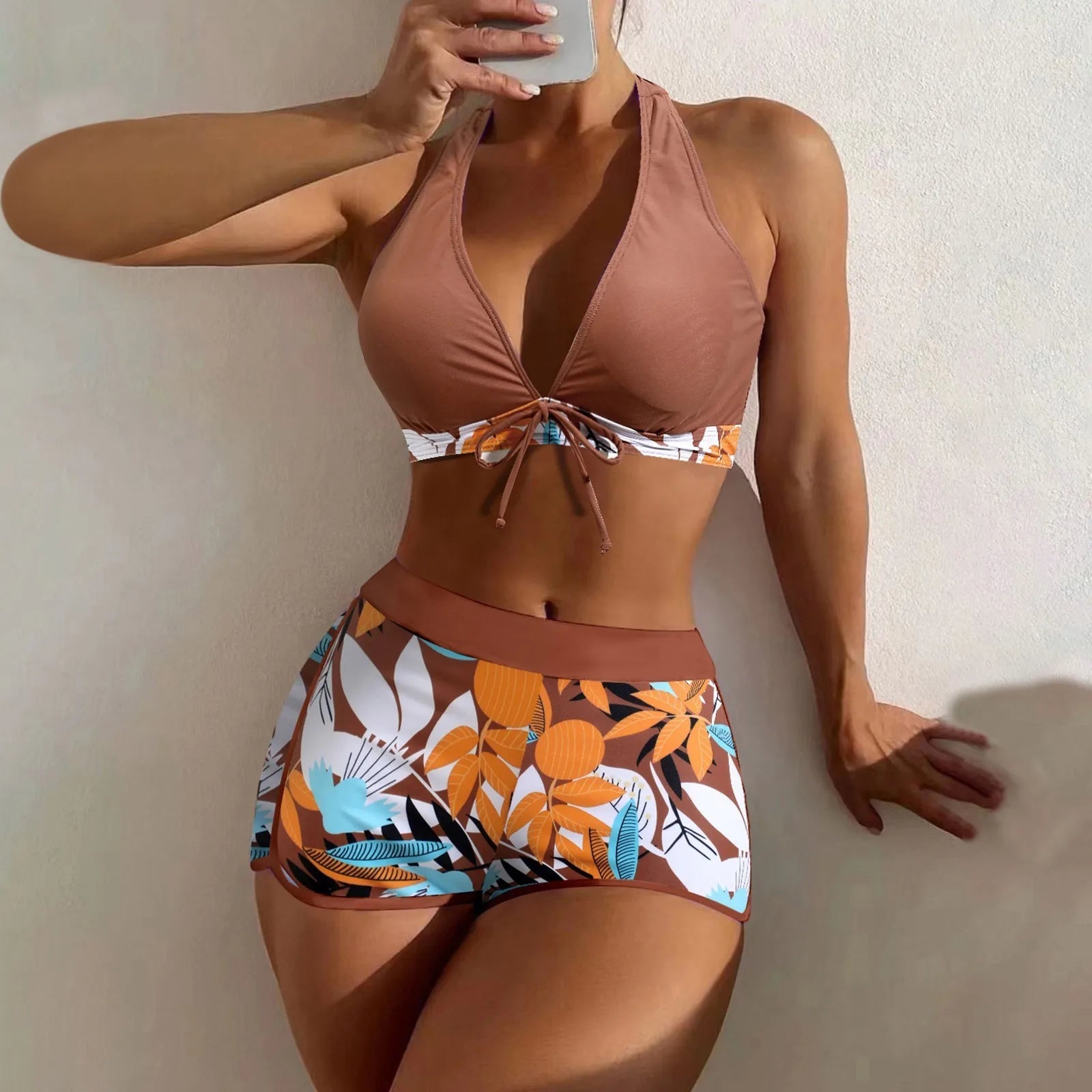 High Waist Plant Print Bikini Set for Women Beachwear - Ky Ky Kiwi