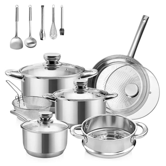 15-Piece Stainl Steel Pots And Pan Set, Kitchen Cookware Set Lude Steamer, Frying Basket And Utensil Sets, Non Toxic,
