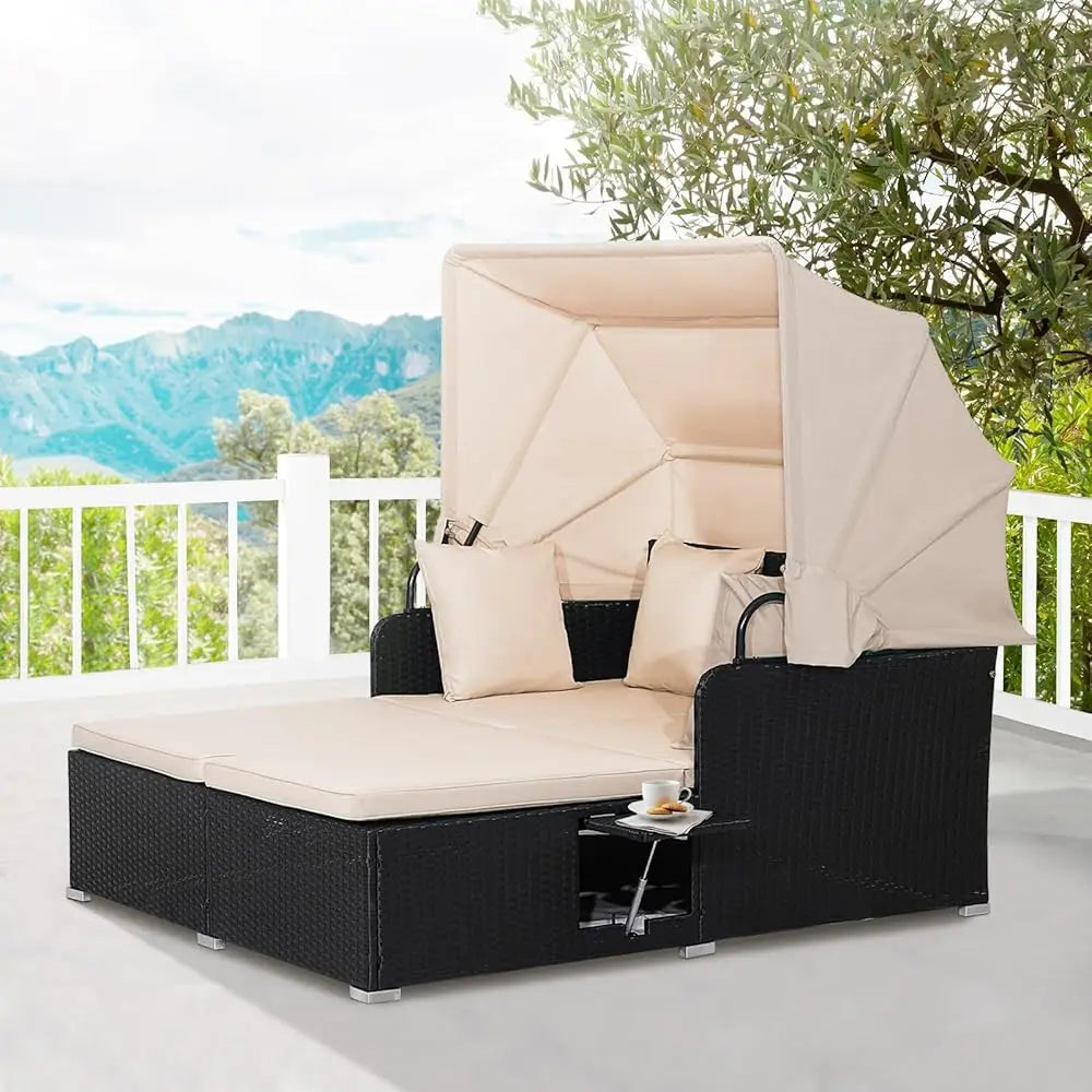 Outdoor Wicker Daybed with Canopy and Cushions for Relaxation - Ky Ky Kiwi
