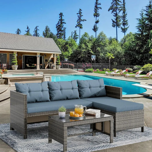 Waterproof Outdoor Sectional Sofa with Cushion and Glass Table - Ky Ky Kiwi