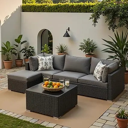 Modern 5 Piece Wicker Patio Furniture Set with Ottoman - Ky Ky Kiwi