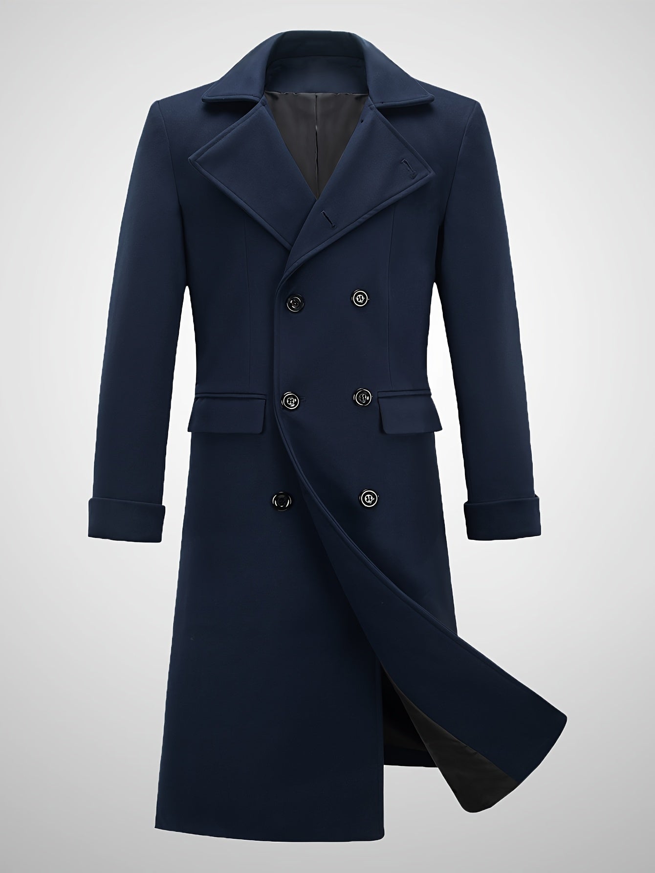Mens Classic Long Trench Coat Double Breasted Pea Coat Warm Winter Overcoat With Pockets