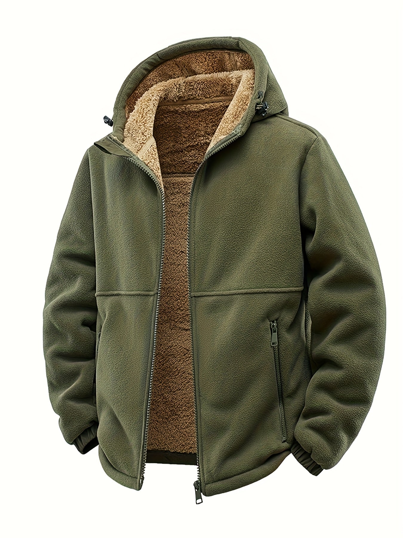 Mens Thick Synthetic Like Hooded Jacket Windproof Winter Coat Full Zip Relaxed Fit Camping Outerwear