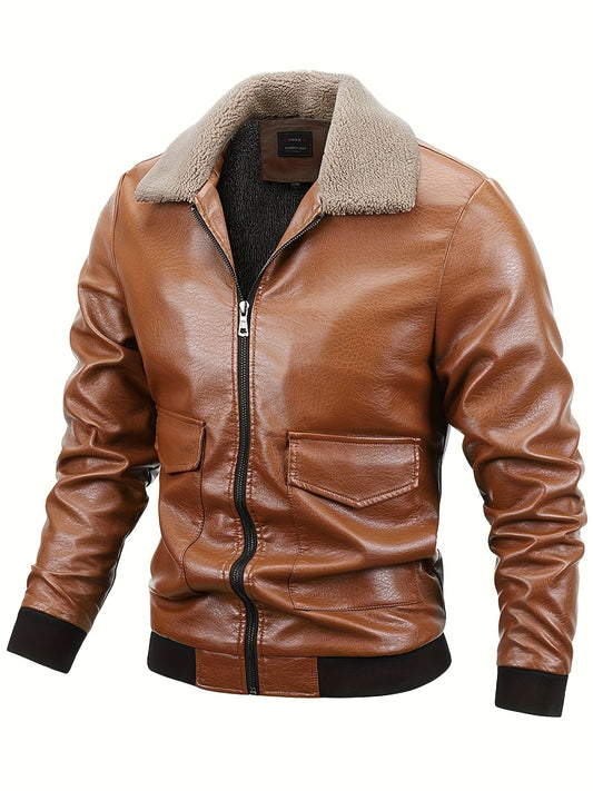 Men's Winter Flight Jacket Faux Leather Tactical Biker Style With Plush Lining And Windproof Full Zip