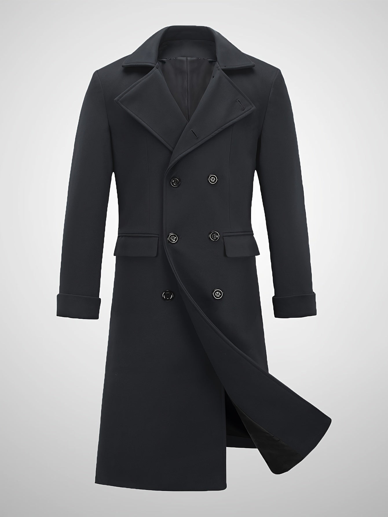 Mens Classic Long Trench Coat Double Breasted Pea Coat Warm Winter Overcoat With Pockets