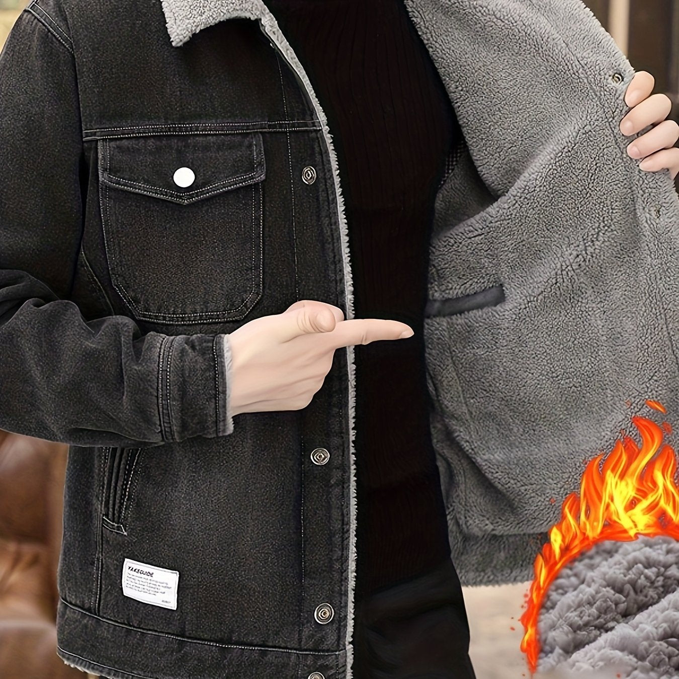 Mens Fleece Lined Faux Denim Jacket Warm Winter Coat With Classic Collar Button Closure