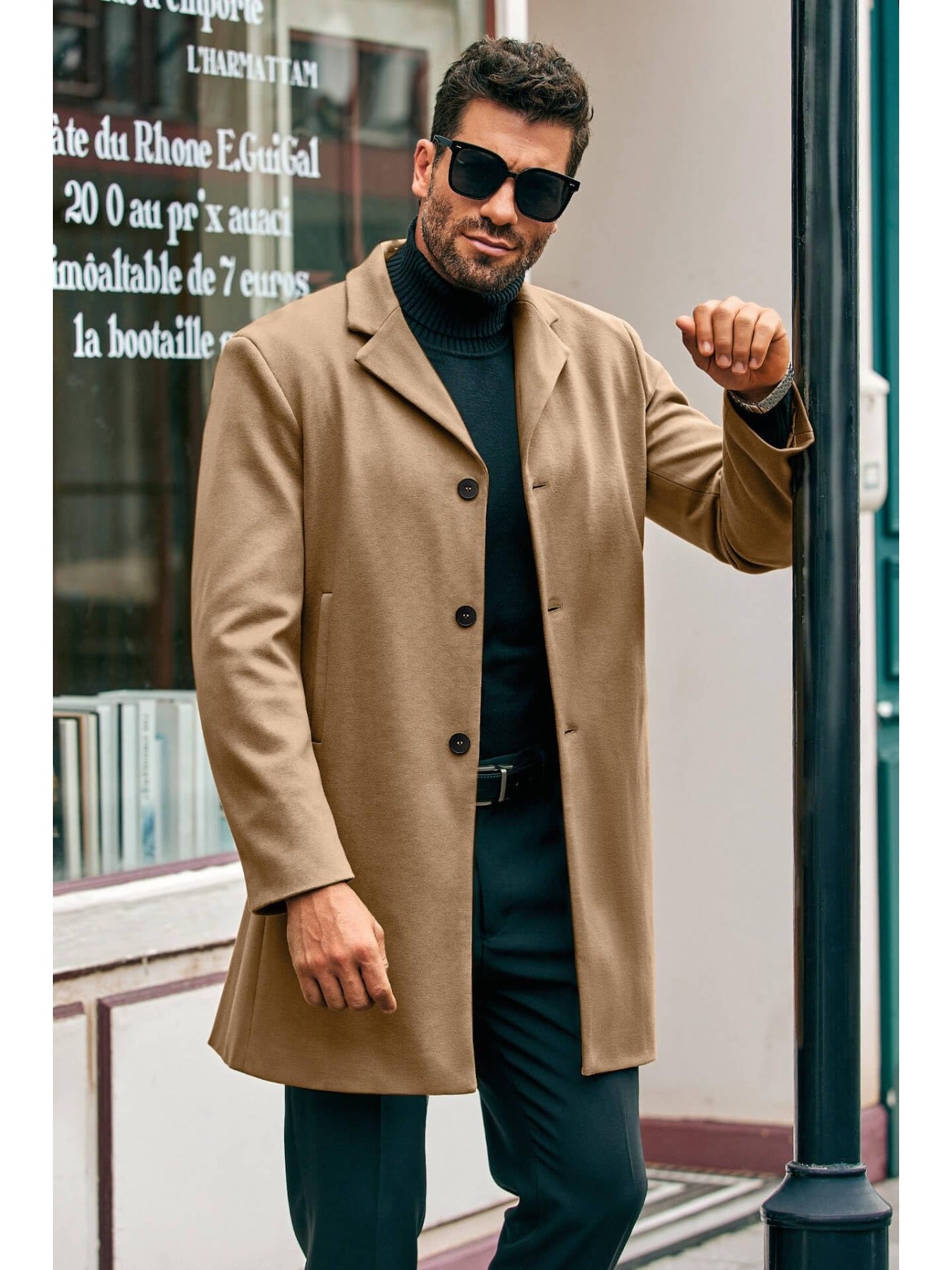 Mens Elegant Trench Coat Slim Fit With Single Breasted Button Closure Notch Lapel Pockets Outerwear