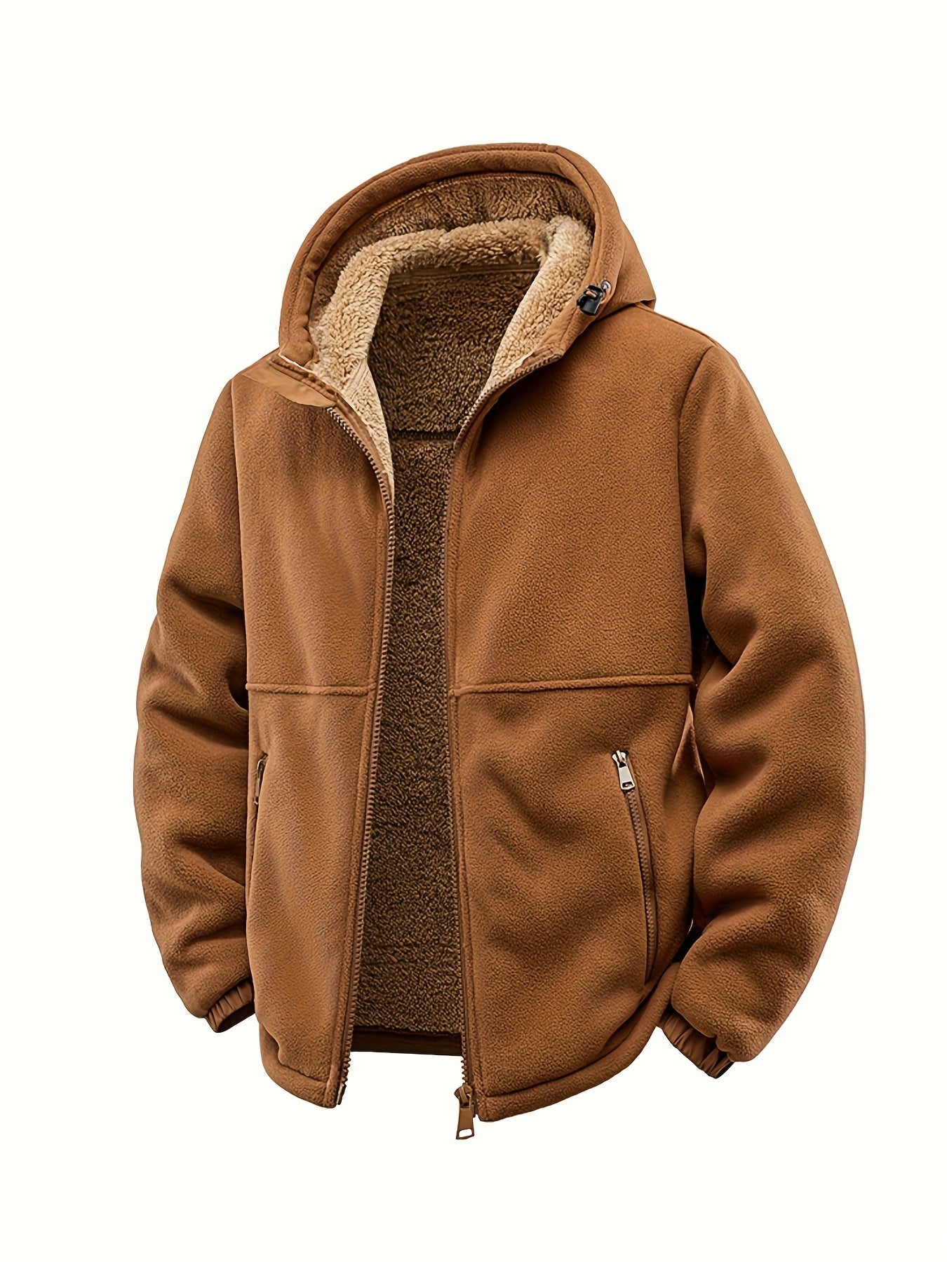 Mens Thick Synthetic Like Hooded Jacket Windproof Winter Coat Full Zip Relaxed Fit Camping Outerwear