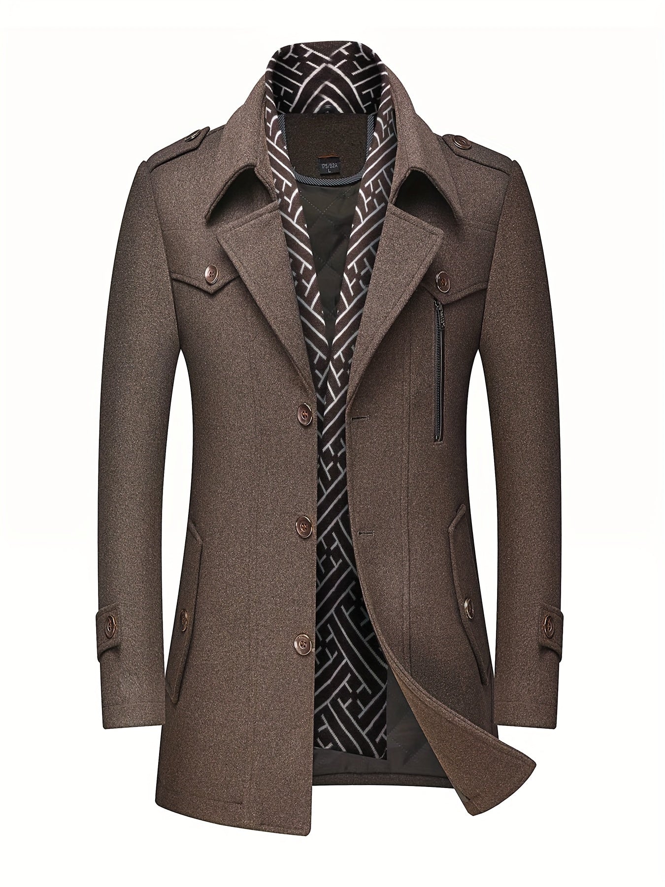 Mens Wool Blend Winter Coat With Detachable Scarf Collar Single Breasted Trench Coat For Cold Weather