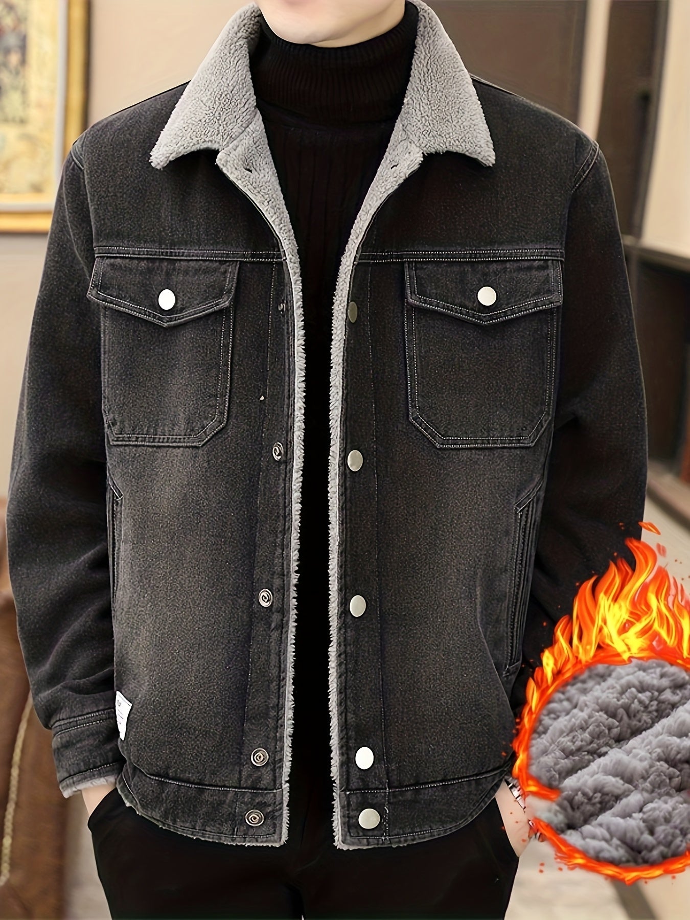 Mens Fleece Lined Faux Denim Jacket Warm Winter Coat With Classic Collar Button Closure