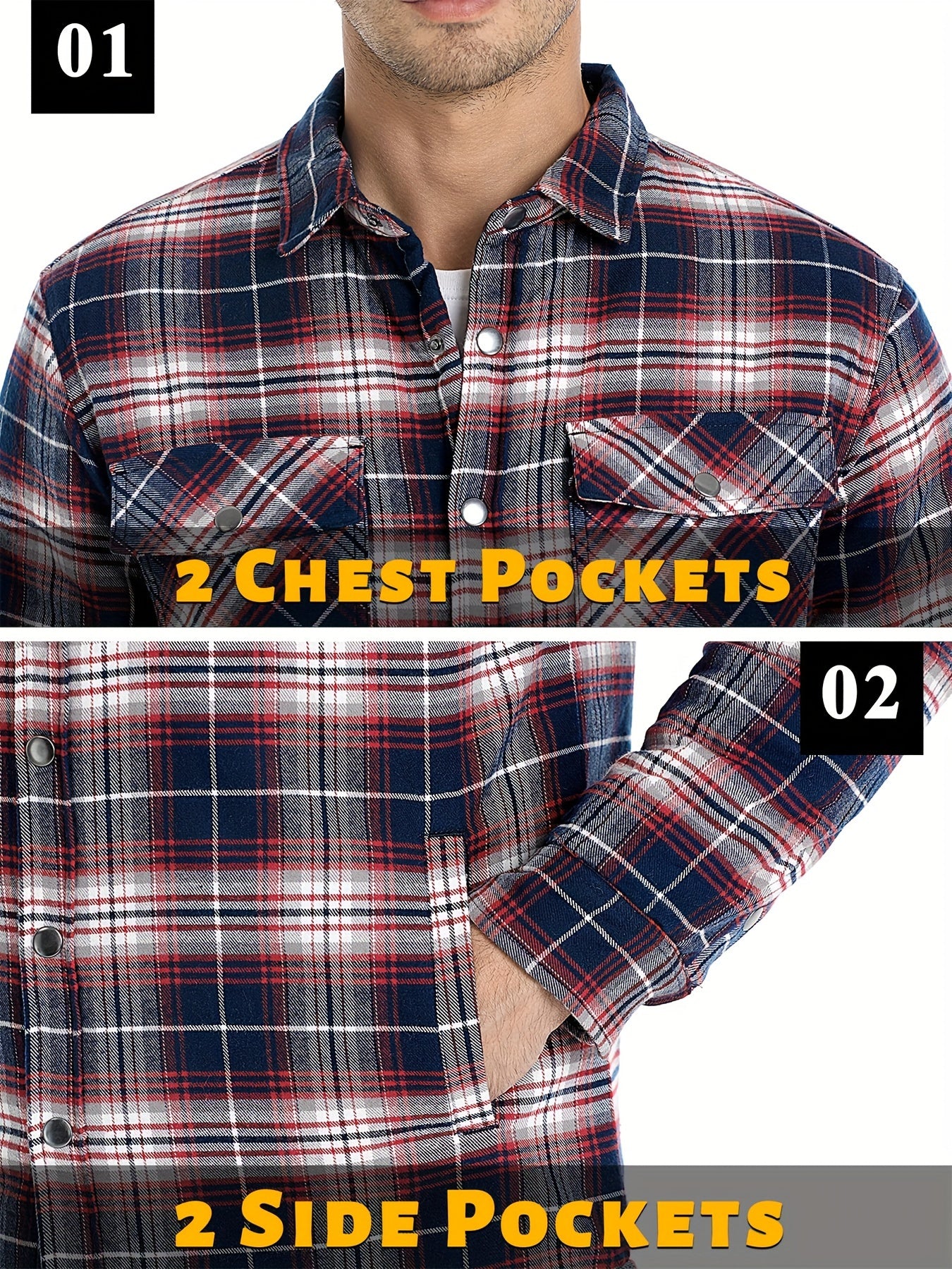 Mens Winter Shirt Jacket Flannel Thermal Windproof Insulated Zippered StoragePockets
