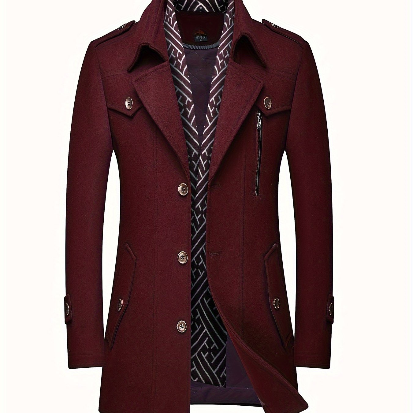 Mens Wool Blend Winter Coat With Detachable Scarf Collar Single Breasted Trench Coat For Cold Weather