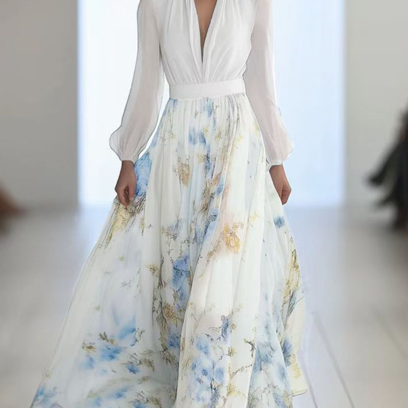 Elegant Women's Bohemian Floral Print V-Neck Long Sleeve Dress - Lightweight Flowy A-Line Maxi with Puff Sleeves, Machine Washable, for Spring Summer Fall Casual & Formal Events, Parties, Dates, Date Night Outfit, Party Attir