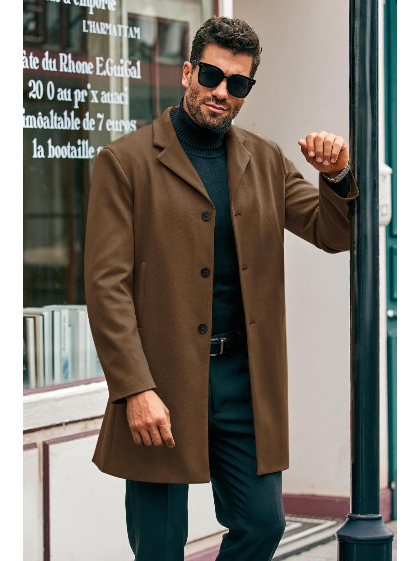 Mens Elegant Trench Coat Slim Fit With Single Breasted Button Closure Notch Lapel Pockets Outerwear