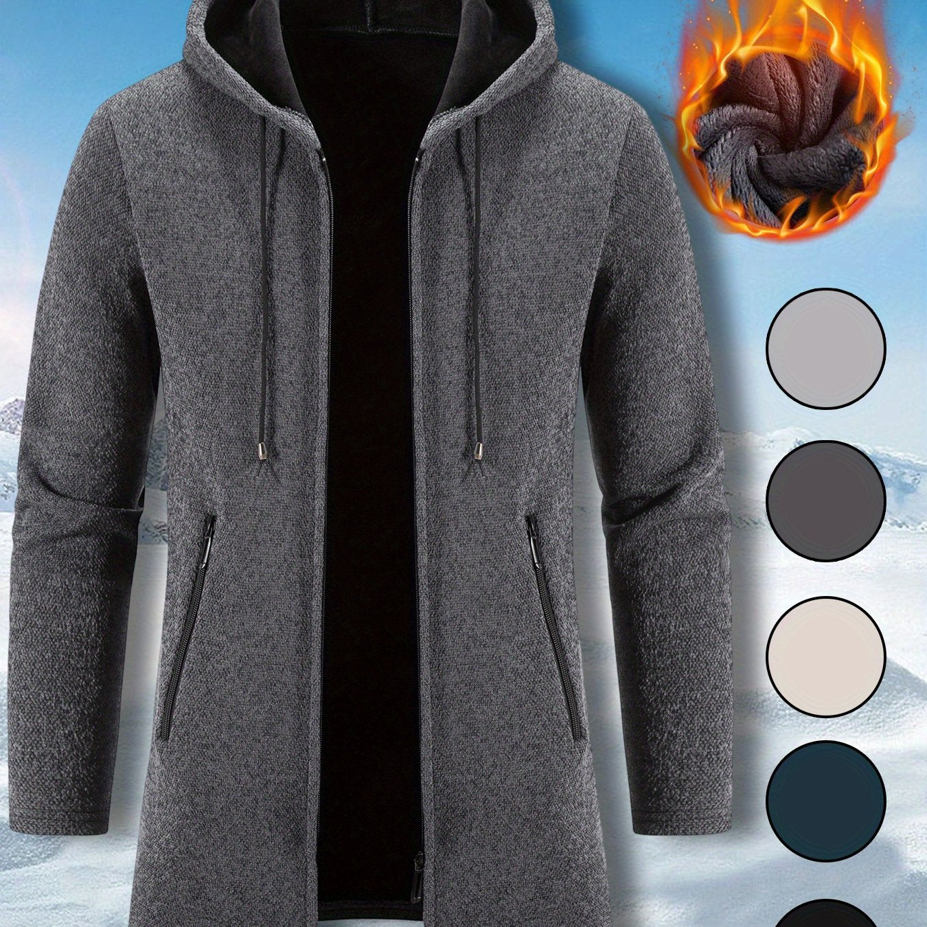 Men's Mid Length Hooded Jacket With Zipper Closure Front Pockets And Split Hem Durable Polyester Coat