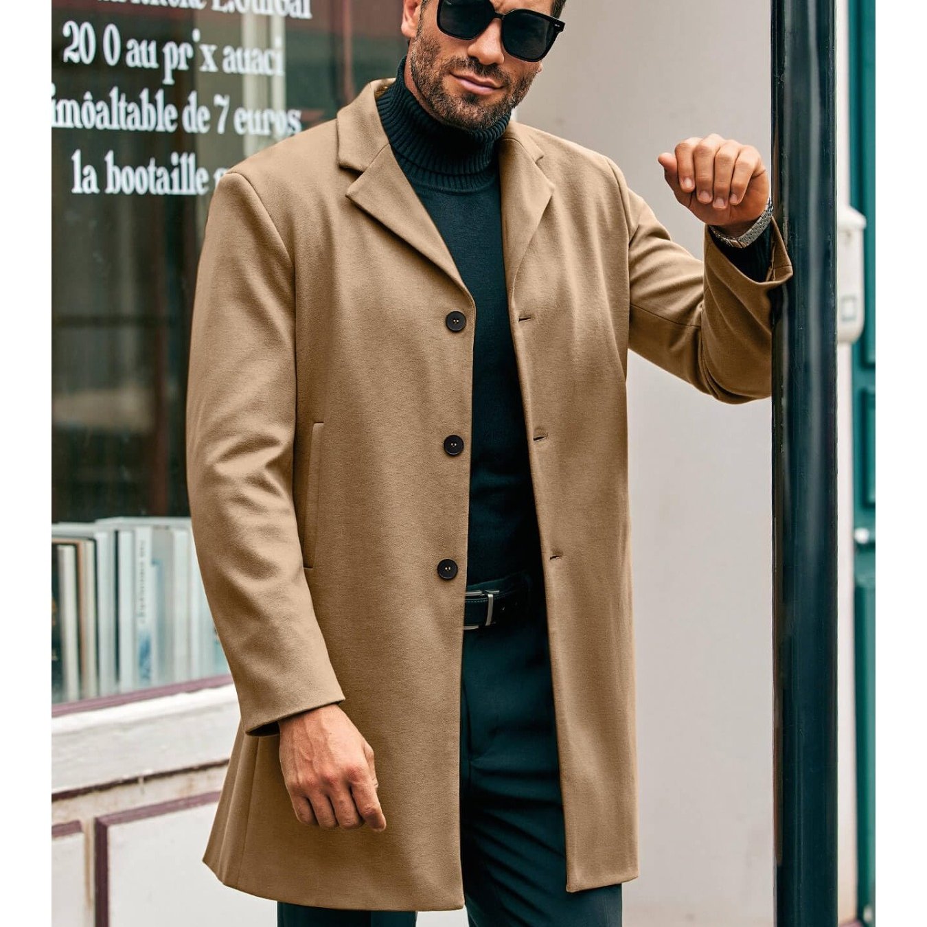 Mens Elegant Trench Coat Slim Fit With Single Breasted Button Closure Notch Lapel Pockets Outerwear
