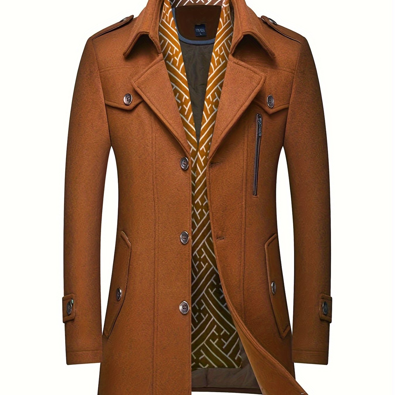 Mens Wool Blend Winter Coat With Detachable Scarf Collar Single Breasted Trench Coat For Cold Weather