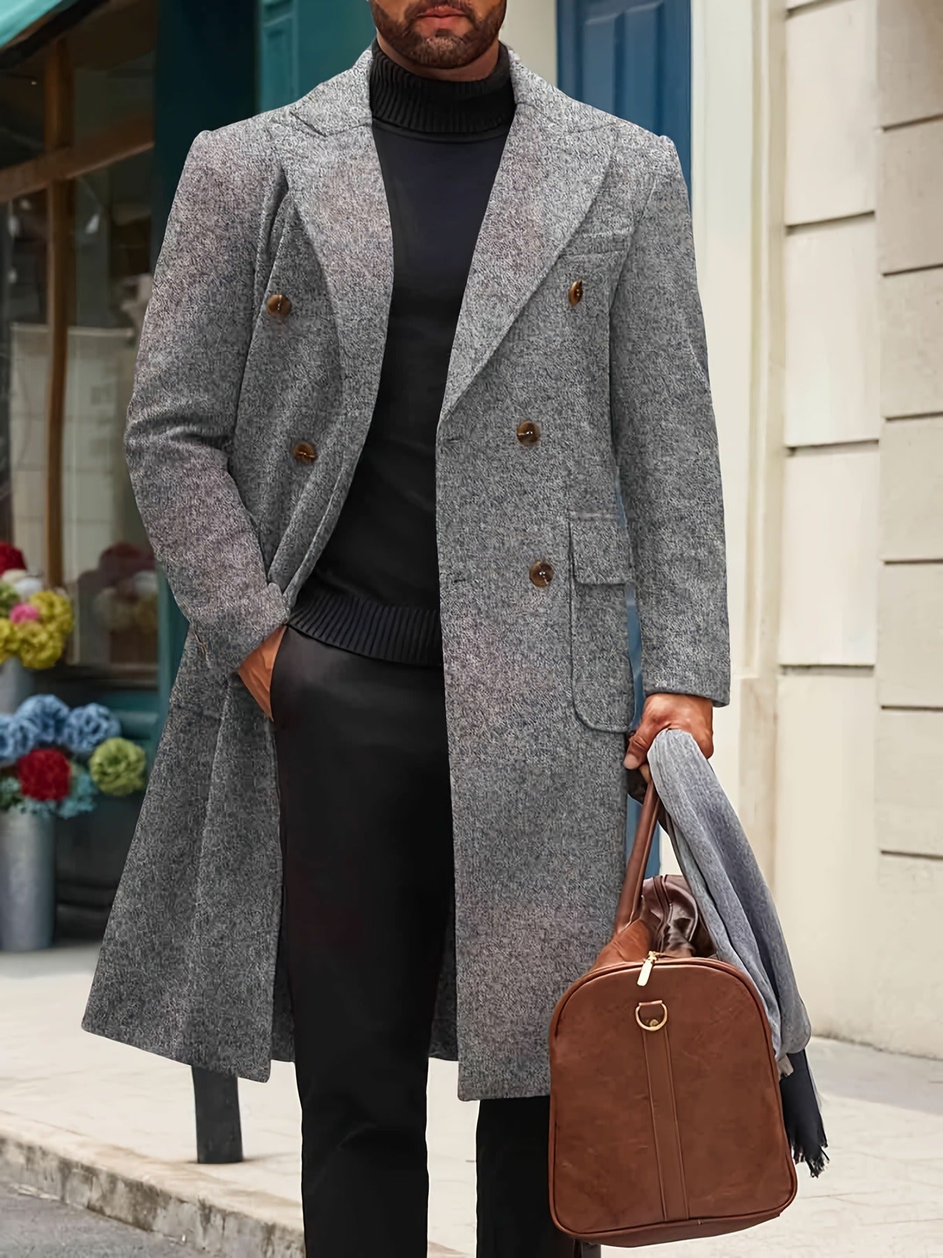 Men's Classic Double Breasted Trench Coat With Notched Lapel And Warm Polyester Lining For Winter