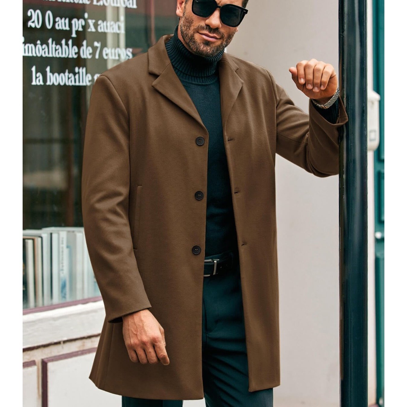 Mens Elegant Trench Coat Slim Fit With Single Breasted Button Closure Notch Lapel Pockets Outerwear