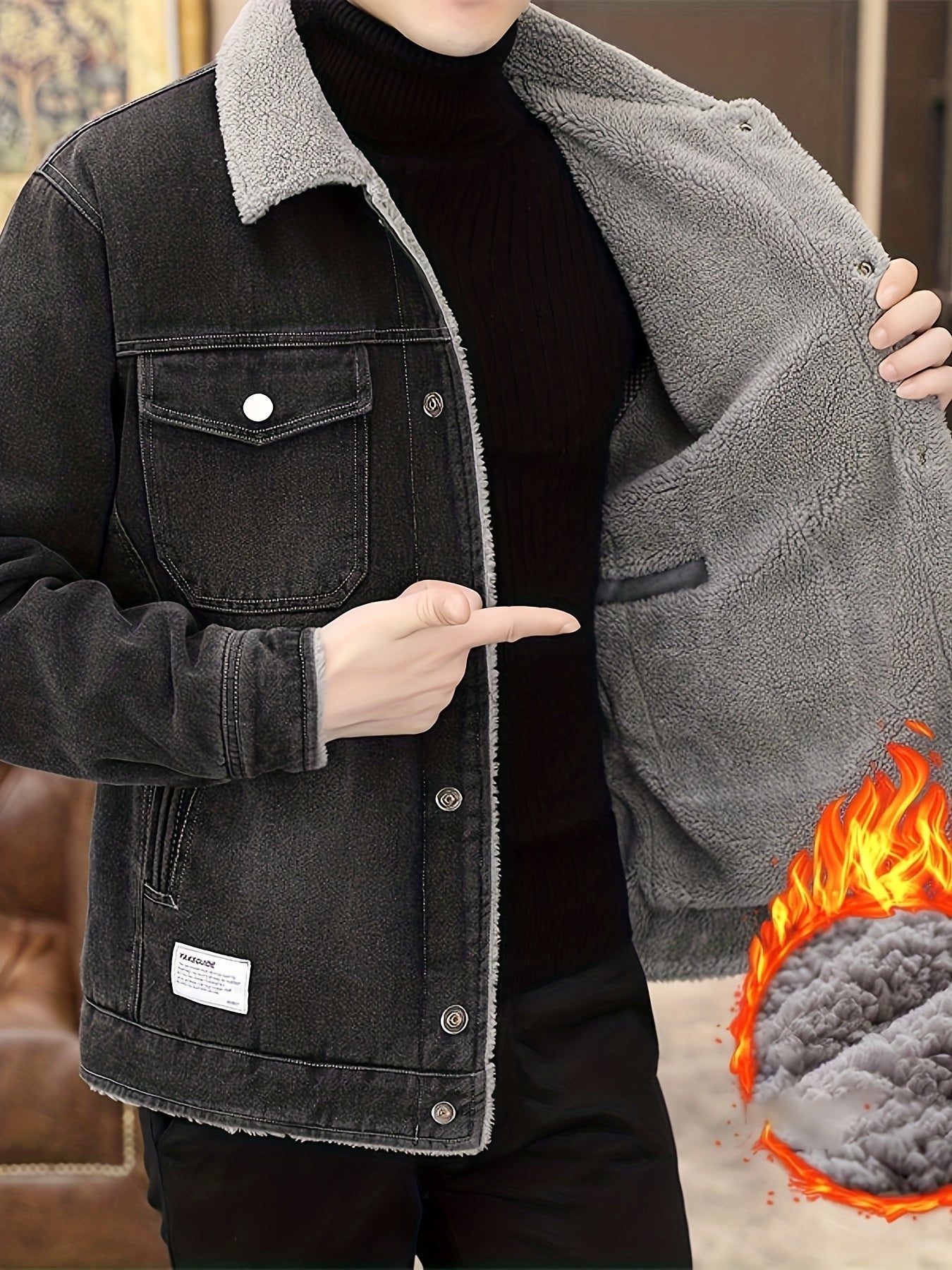 Mens Fleece Lined Faux Denim Jacket Warm Winter Coat With Classic Collar Button Closure