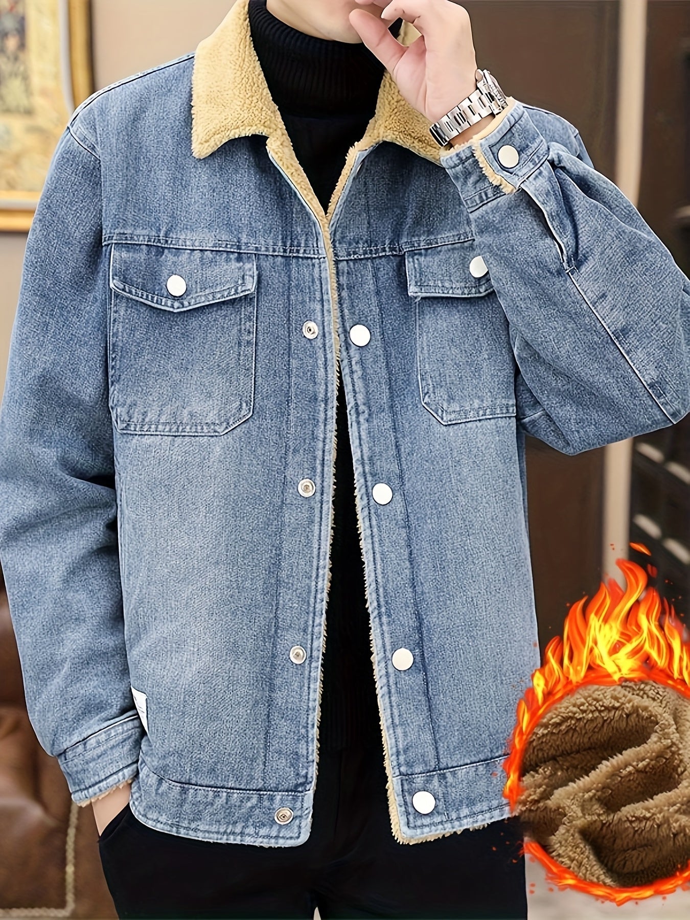 Mens Fleece Lined Faux Denim Jacket Warm Winter Coat With Classic Collar Button Closure
