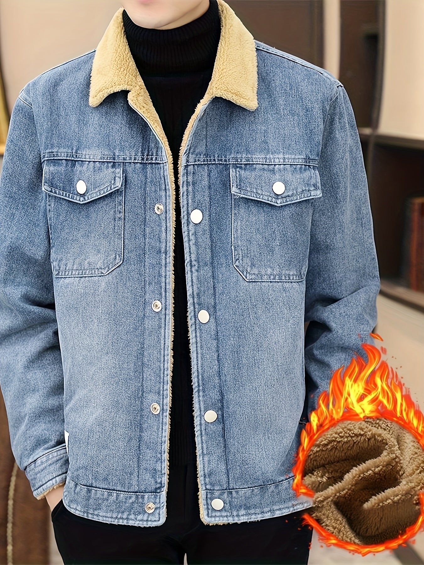 Mens Fleece Lined Faux Denim Jacket Warm Winter Coat With Classic Collar Button Closure