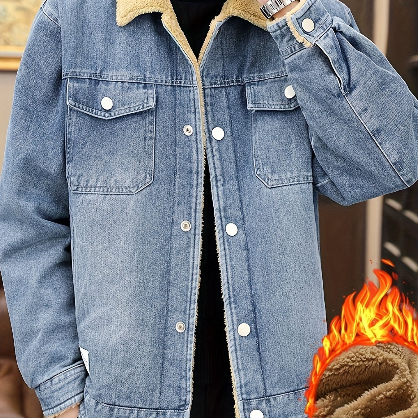 Mens Fleece Lined Faux Denim Jacket Warm Winter Coat With Classic Collar Button Closure