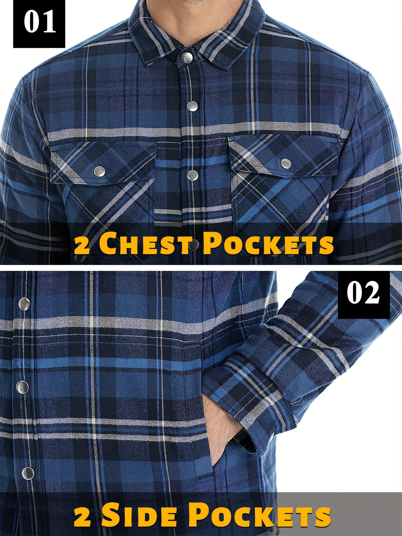 Mens Winter Shirt Jacket Flannel Thermal Windproof Insulated Zippered StoragePockets
