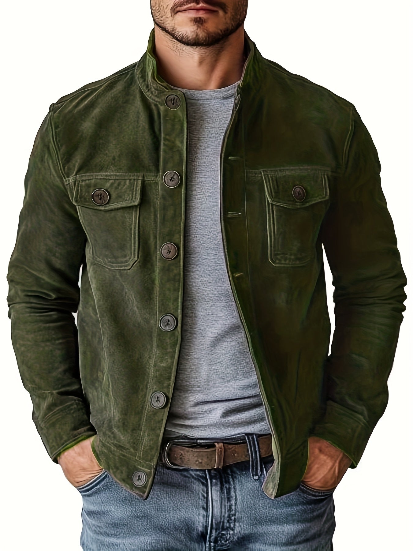 Mens Suede Jacket With Stand Collar And Retro Buttons For Business Casual And Everyday Wear