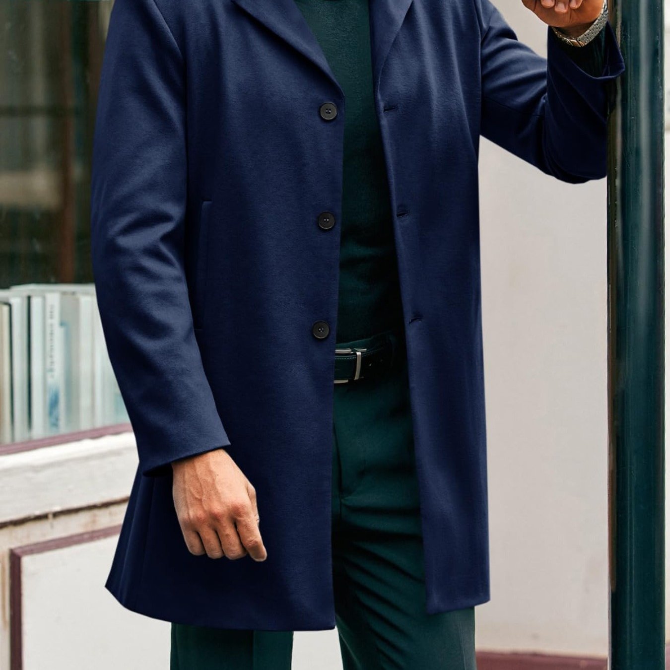 Mens Elegant Trench Coat Slim Fit With Single Breasted Button Closure Notch Lapel Pockets Outerwear