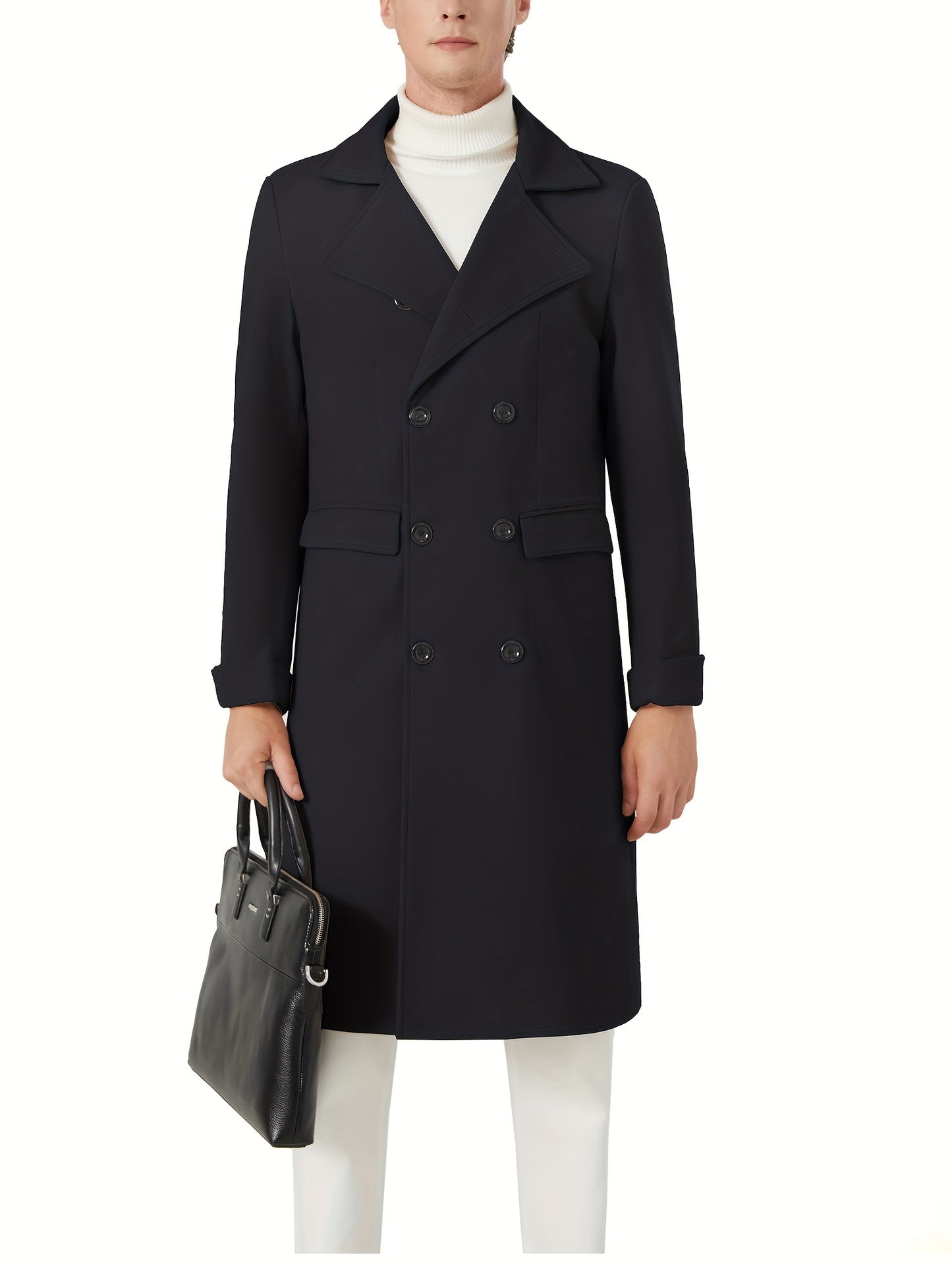 Mens Classic Long Trench Coat Double Breasted Pea Coat Warm Winter Overcoat With Pockets