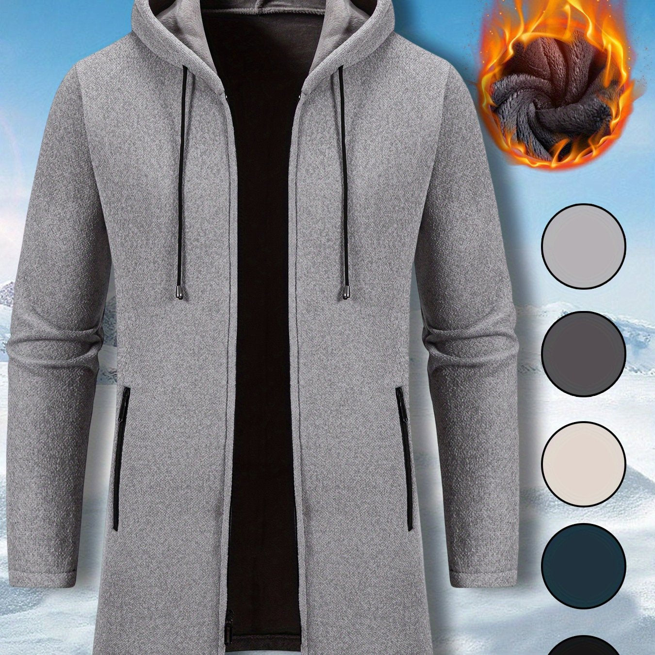 Men's Mid Length Hooded Jacket With Zipper Closure Front Pockets And Split Hem Durable Polyester Coat