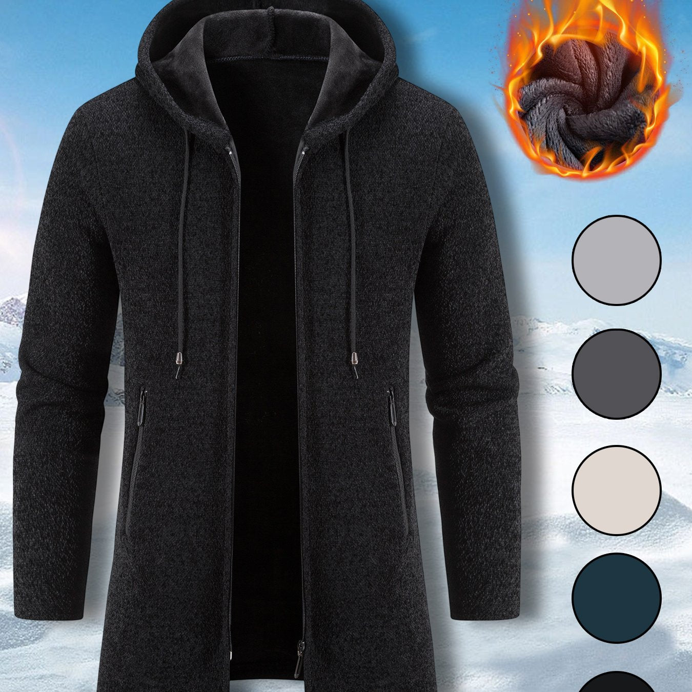 Men's Mid Length Hooded Jacket With Zipper Closure Front Pockets And Split Hem Durable Polyester Coat