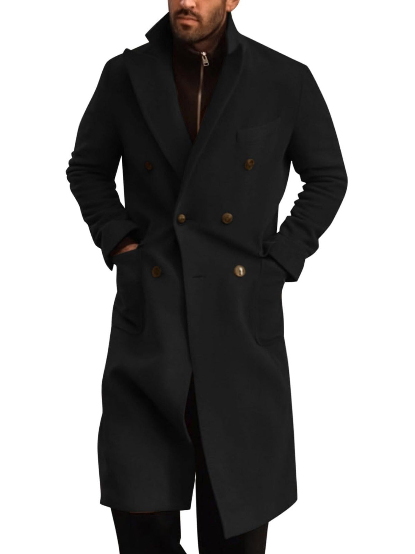 Men's Classic Double Breasted Trench Coat With Notched Lapel And Warm Polyester Lining For Winter