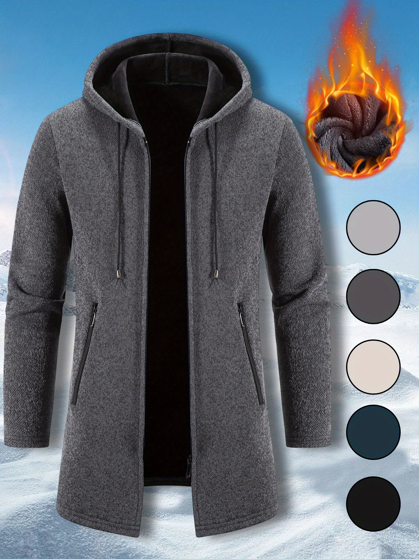 Men's Mid Length Hooded Jacket With Zipper Closure Front Pockets And Split Hem Durable Polyester Coat