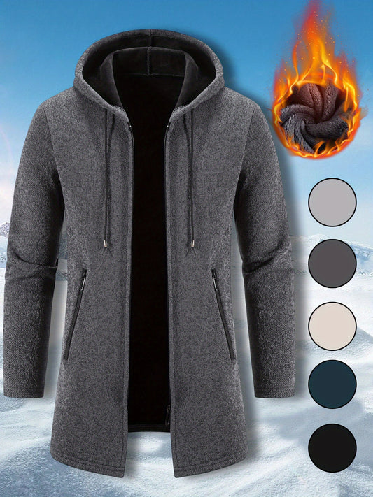 Men's Mid Length Hooded Jacket With Zipper Closure Front Pockets And Split Hem Durable Polyester Coat