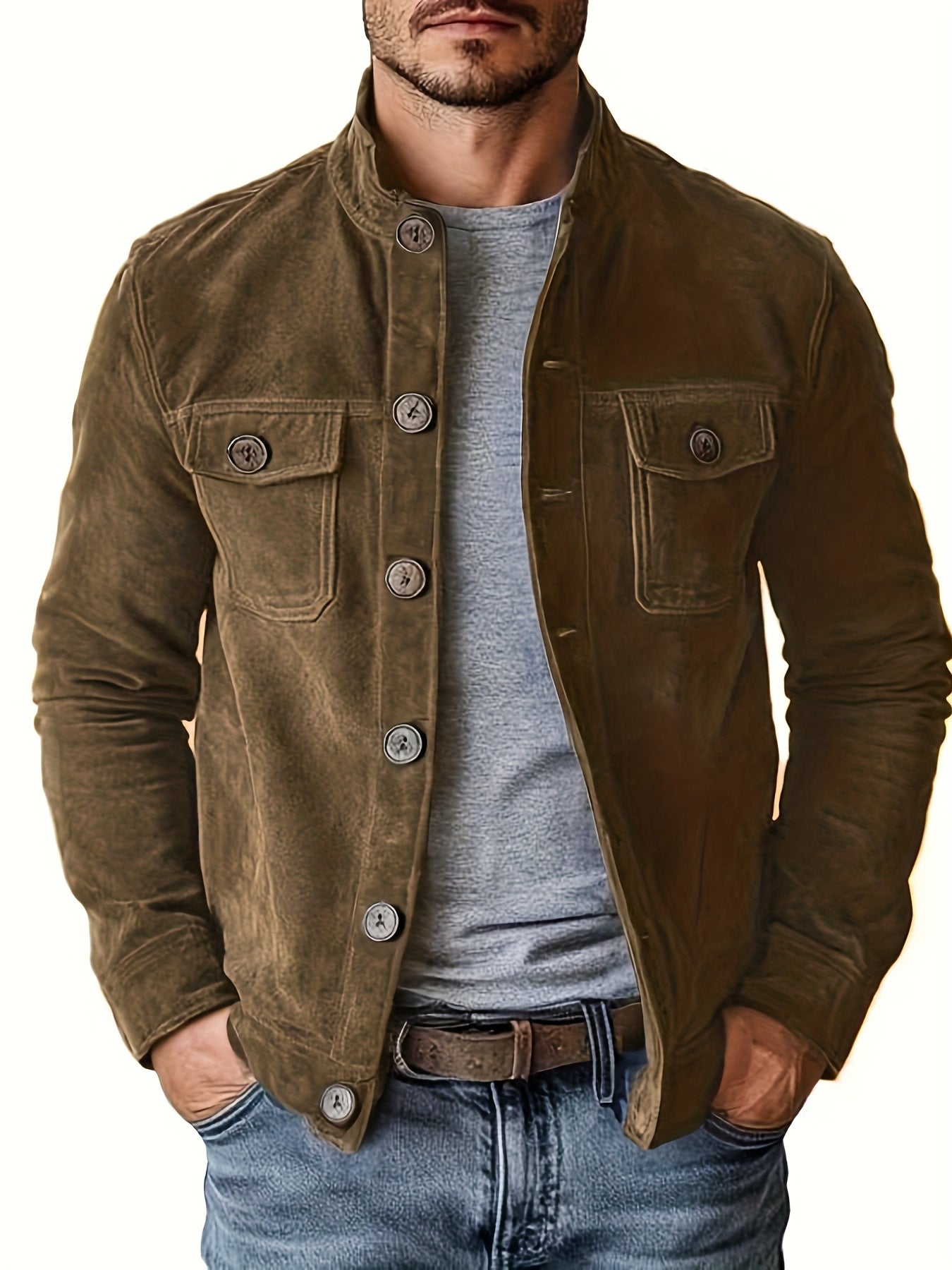 Mens Suede Jacket With Stand Collar And Retro Buttons For Business Casual And Everyday Wear