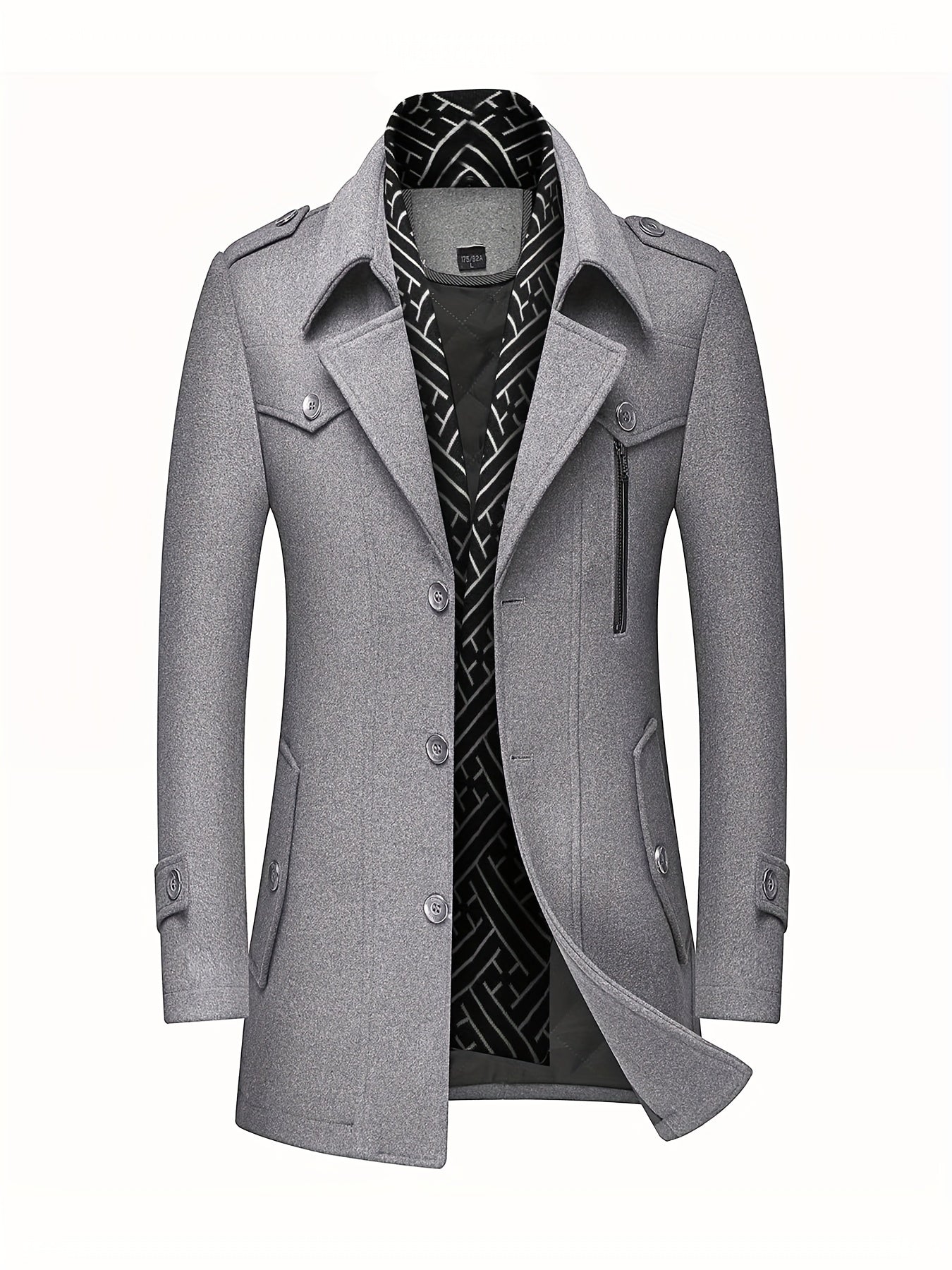 Mens Wool Blend Winter Coat With Detachable Scarf Collar Single Breasted Trench Coat For Cold Weather