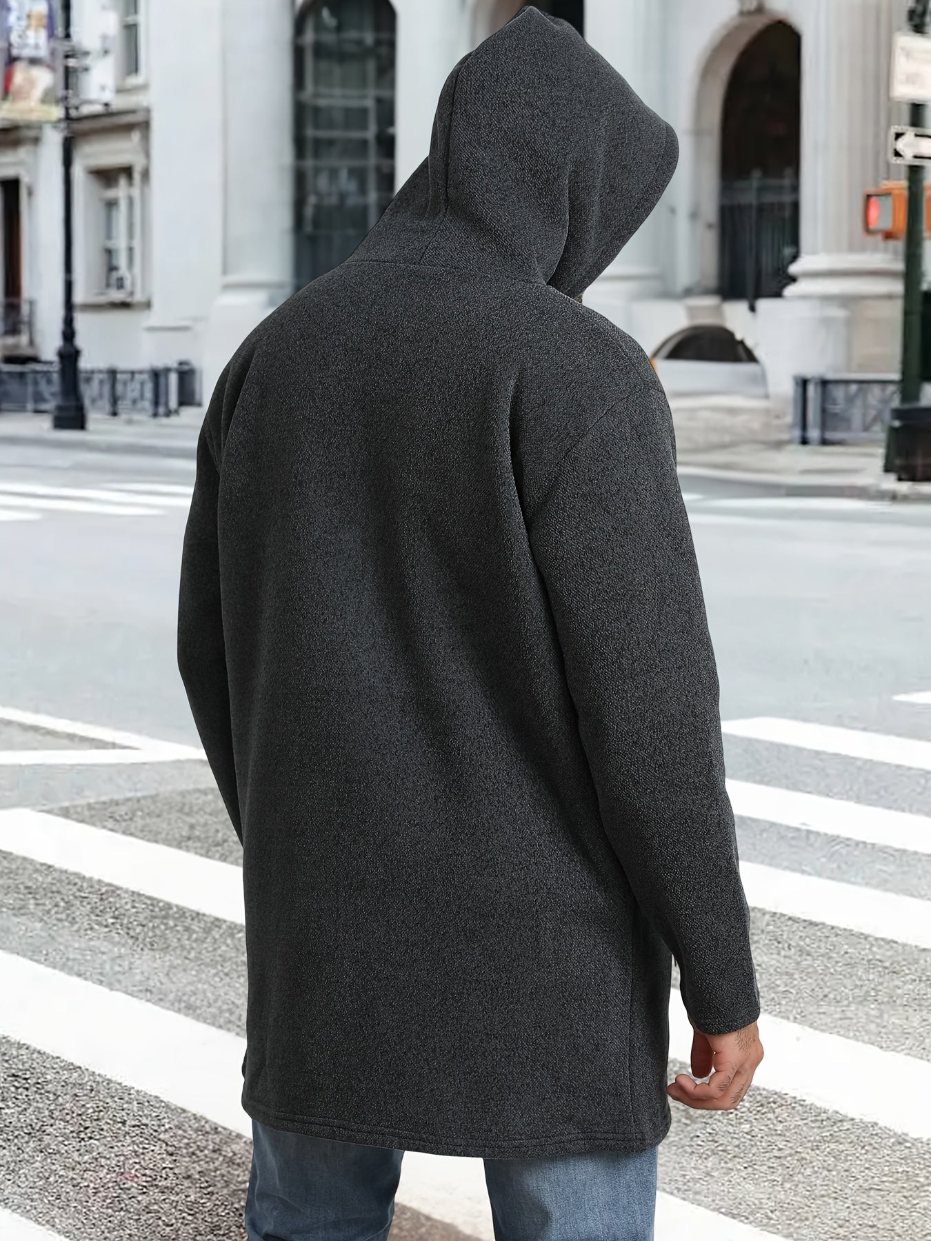 Men's Mid Length Hooded Jacket With Zipper Closure Front Pockets And Split Hem Durable Polyester Coat