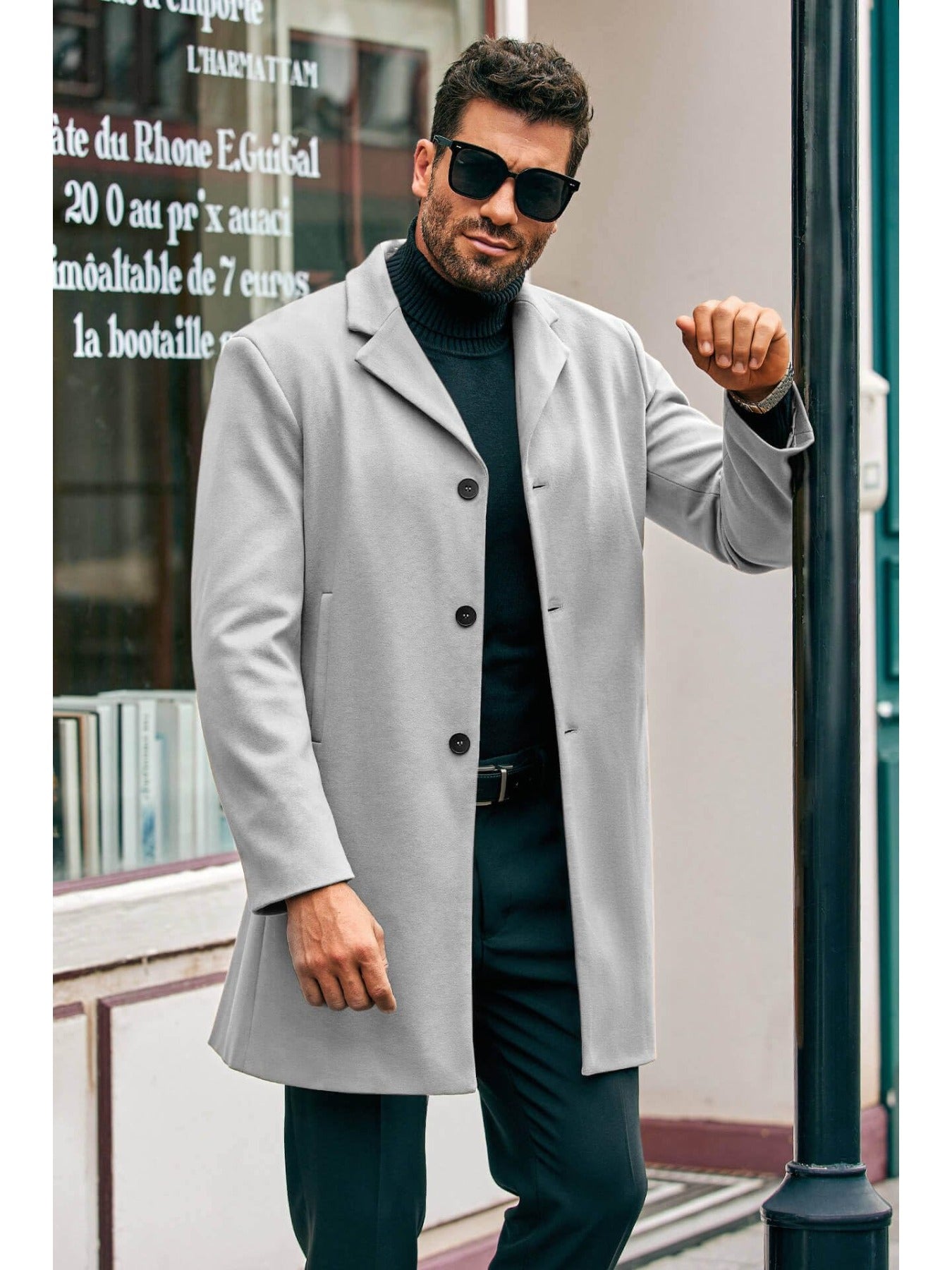 Mens Elegant Trench Coat Slim Fit With Single Breasted Button Closure Notch Lapel Pockets Outerwear